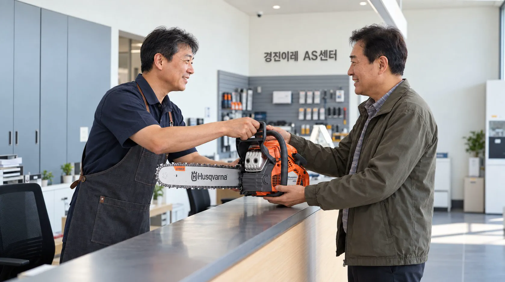 경진이레 AS센터에서 허스크바나 체인쏘를 전달하는 모습